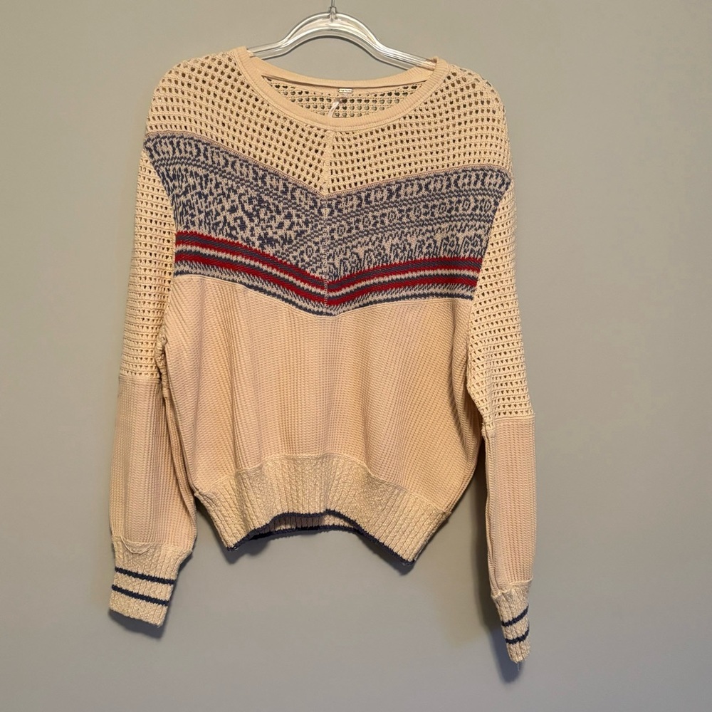 Free People Cream Knit Sweater Red Blue Geo Accents Long Sleeve Sz Small Petite